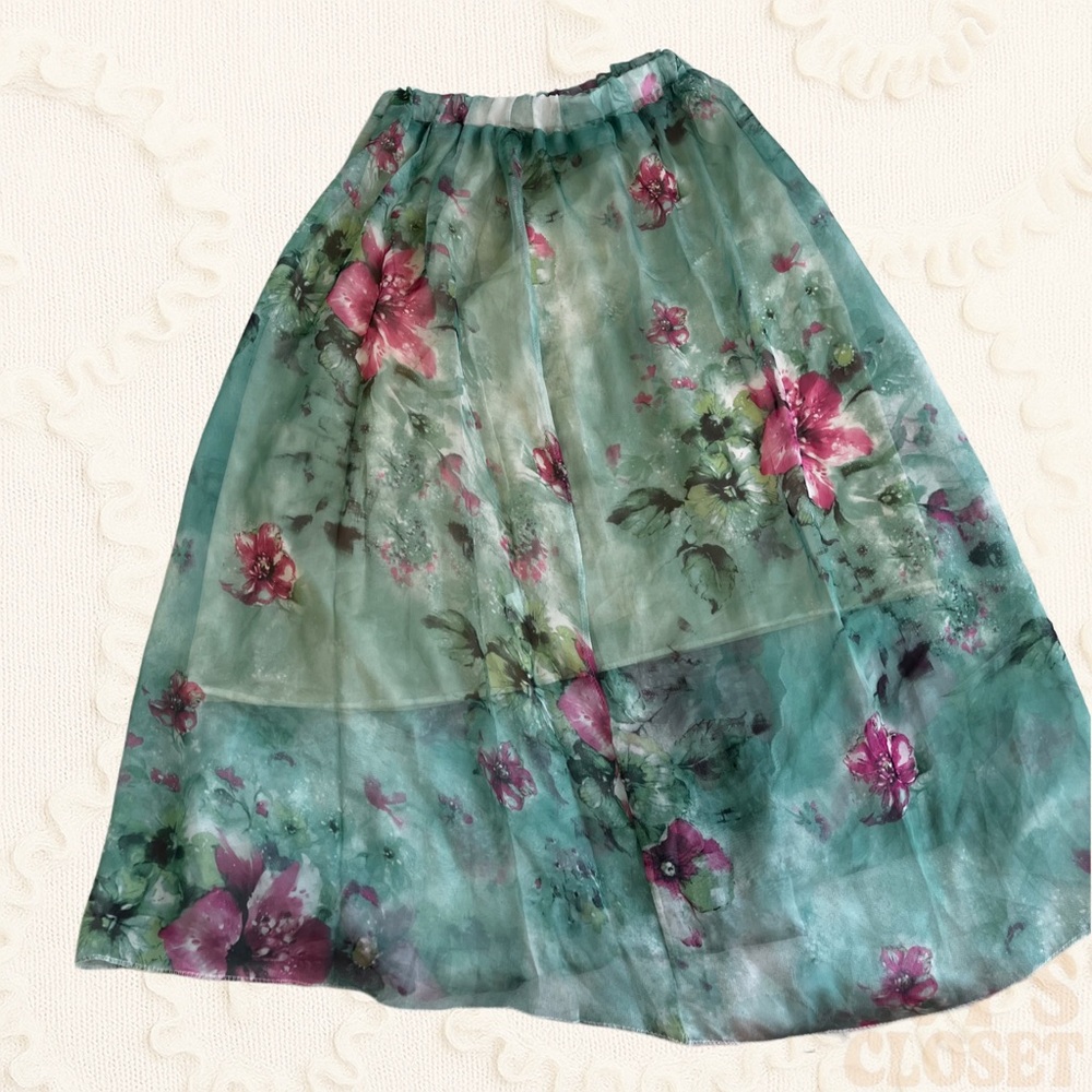 Vintage Floral Flowy Boho Green Maxi Skirt